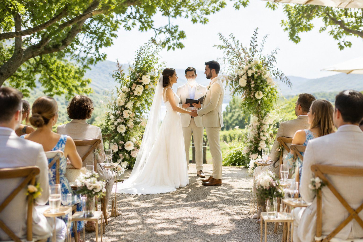 A couple exchanges vows at a sunlit outdoor wedding ceremony.
