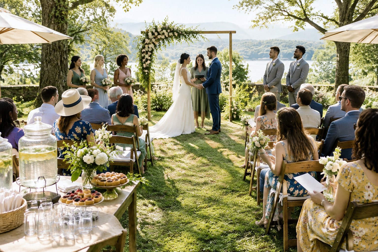 A bride and groom stand beneath a floral arch as guests gather for an outdoor midday wedding.