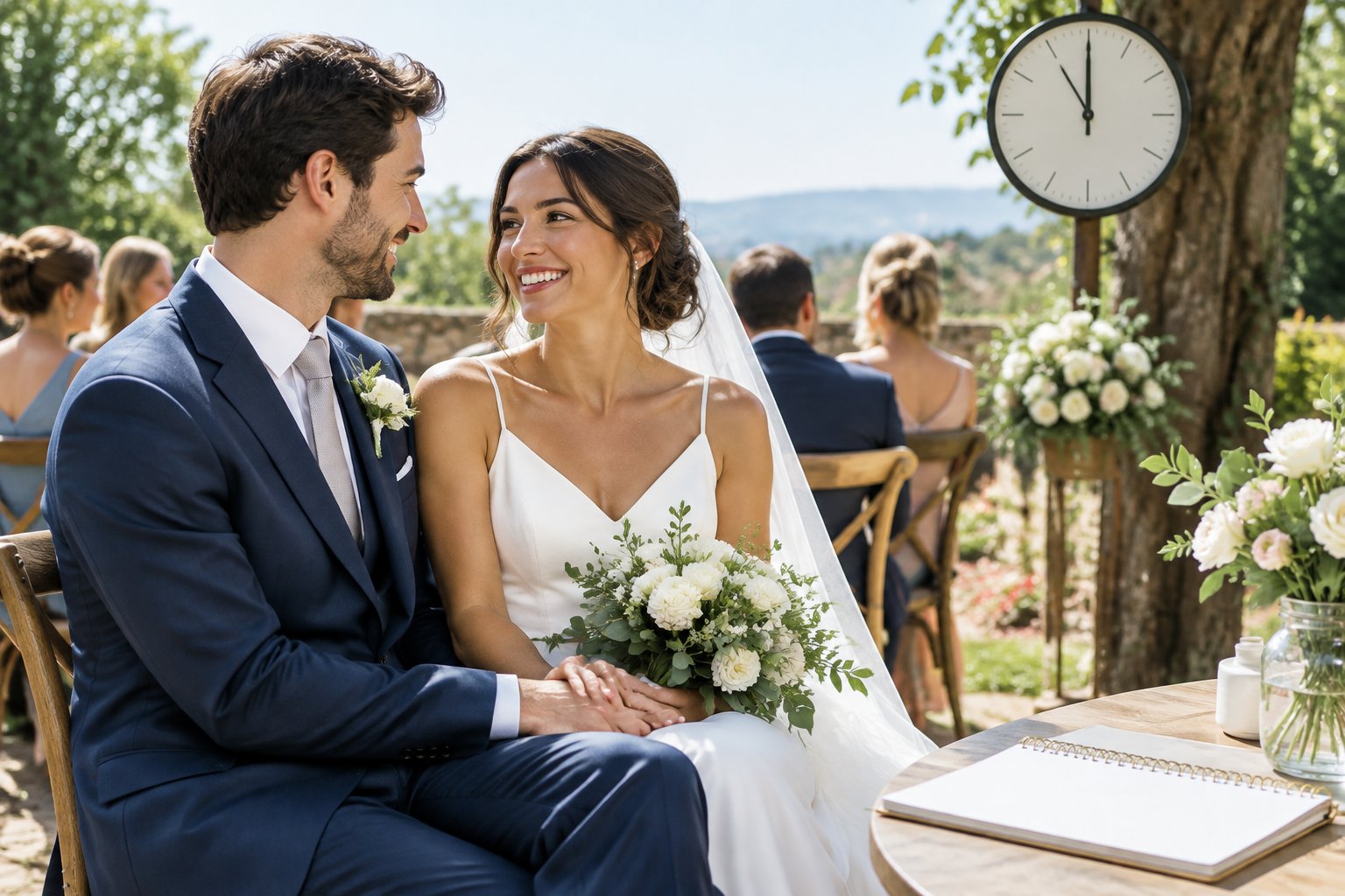 A couple in wedding attire share a moment at an outdoor garden wedding around midday.