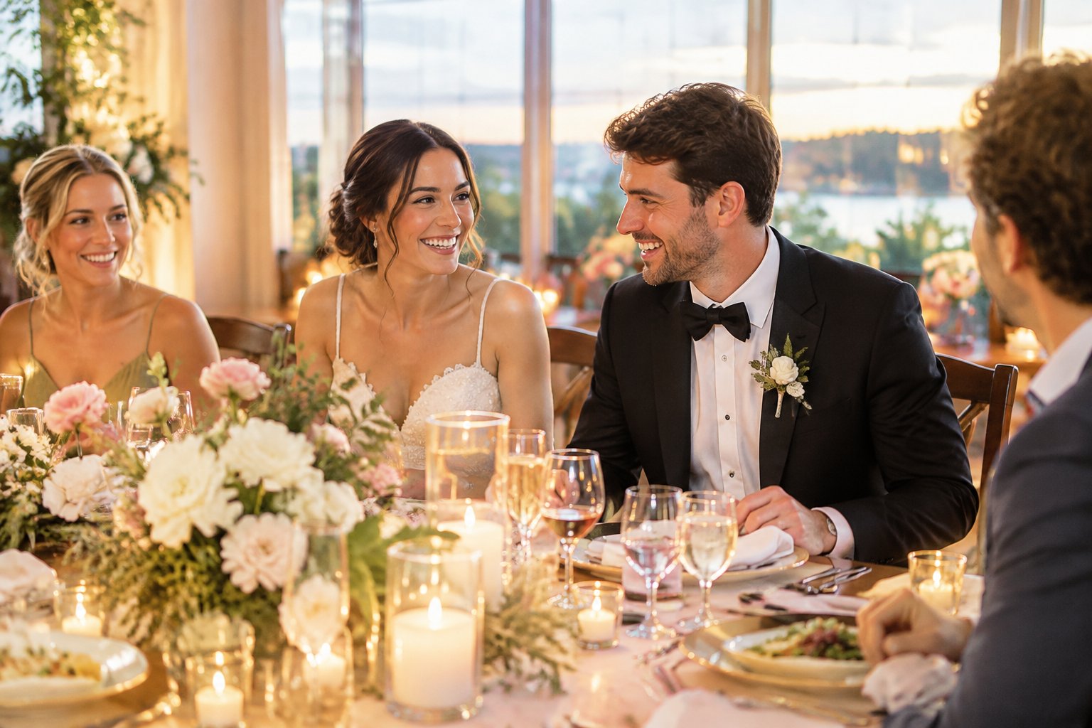 Newlyweds and guests gather around a decorated table at a wedding reception.