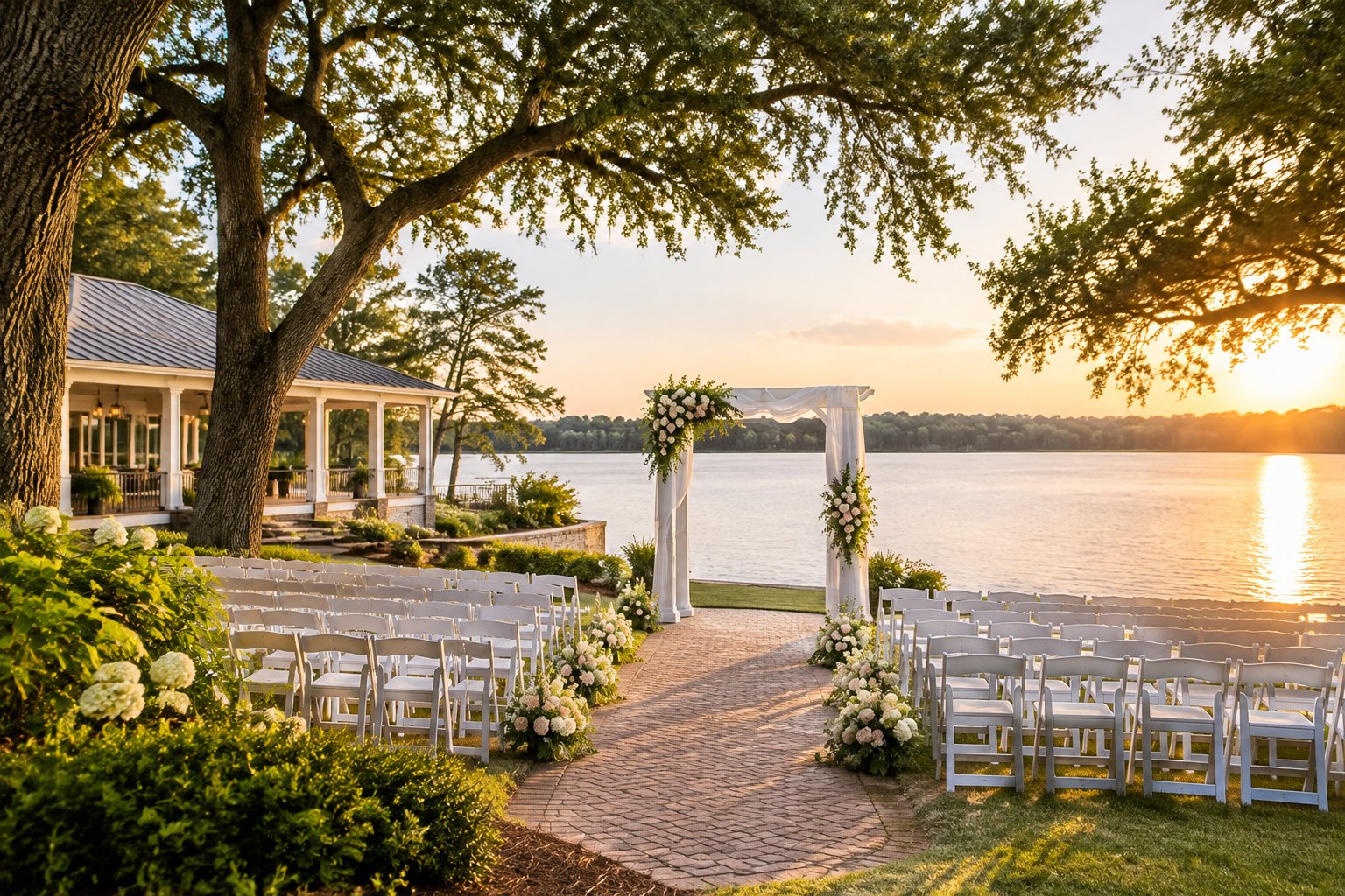 A wedding ceremony setup beside a lake, with rows of chairs and a floral arch.