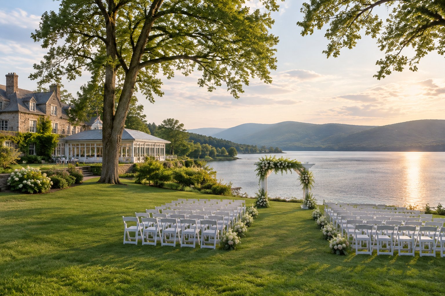 A wedding ceremony setup on a lawn beside a lake, with a historic venue and hills in the background.