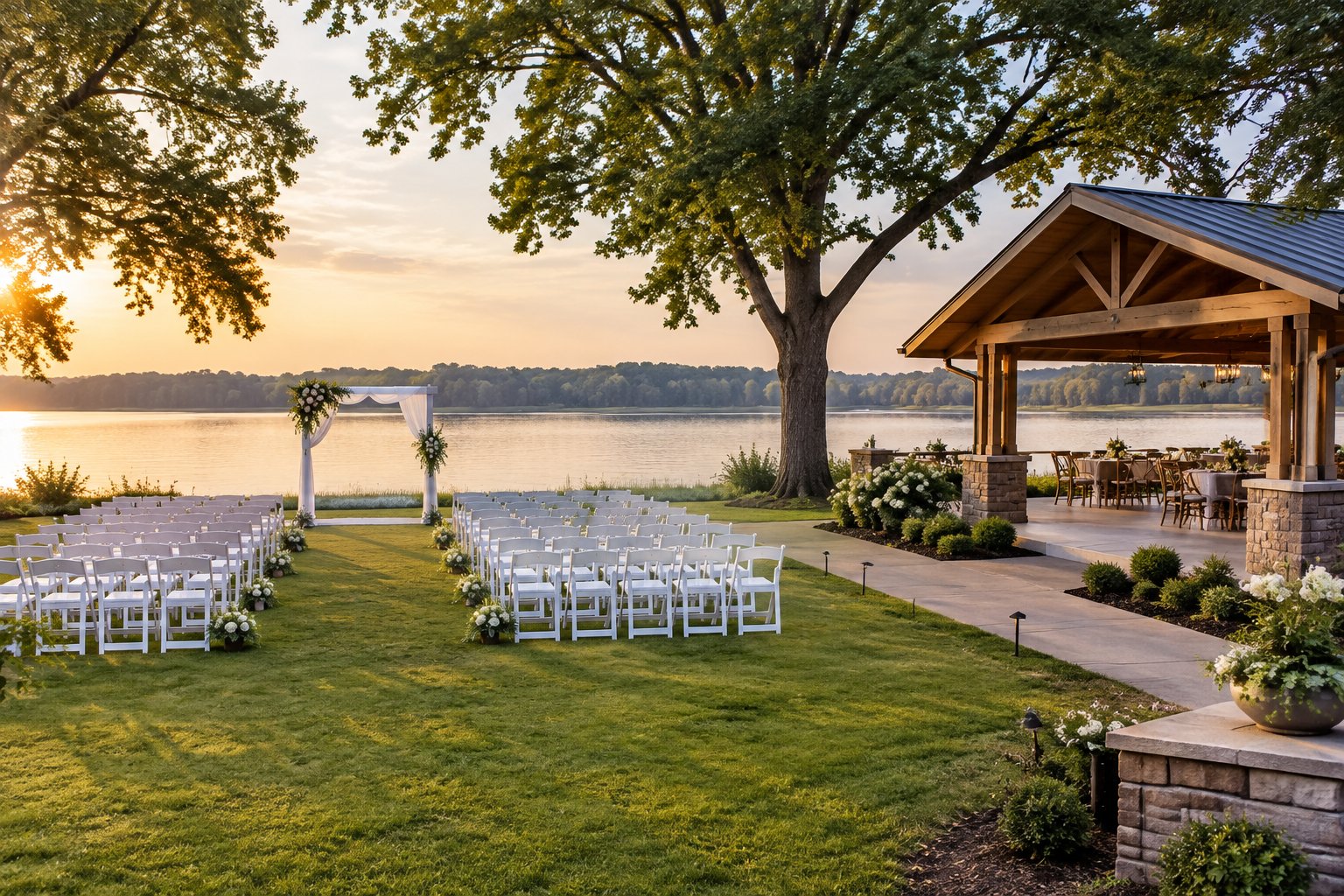 A wedding ceremony setup on a lawn beside a calm lake.