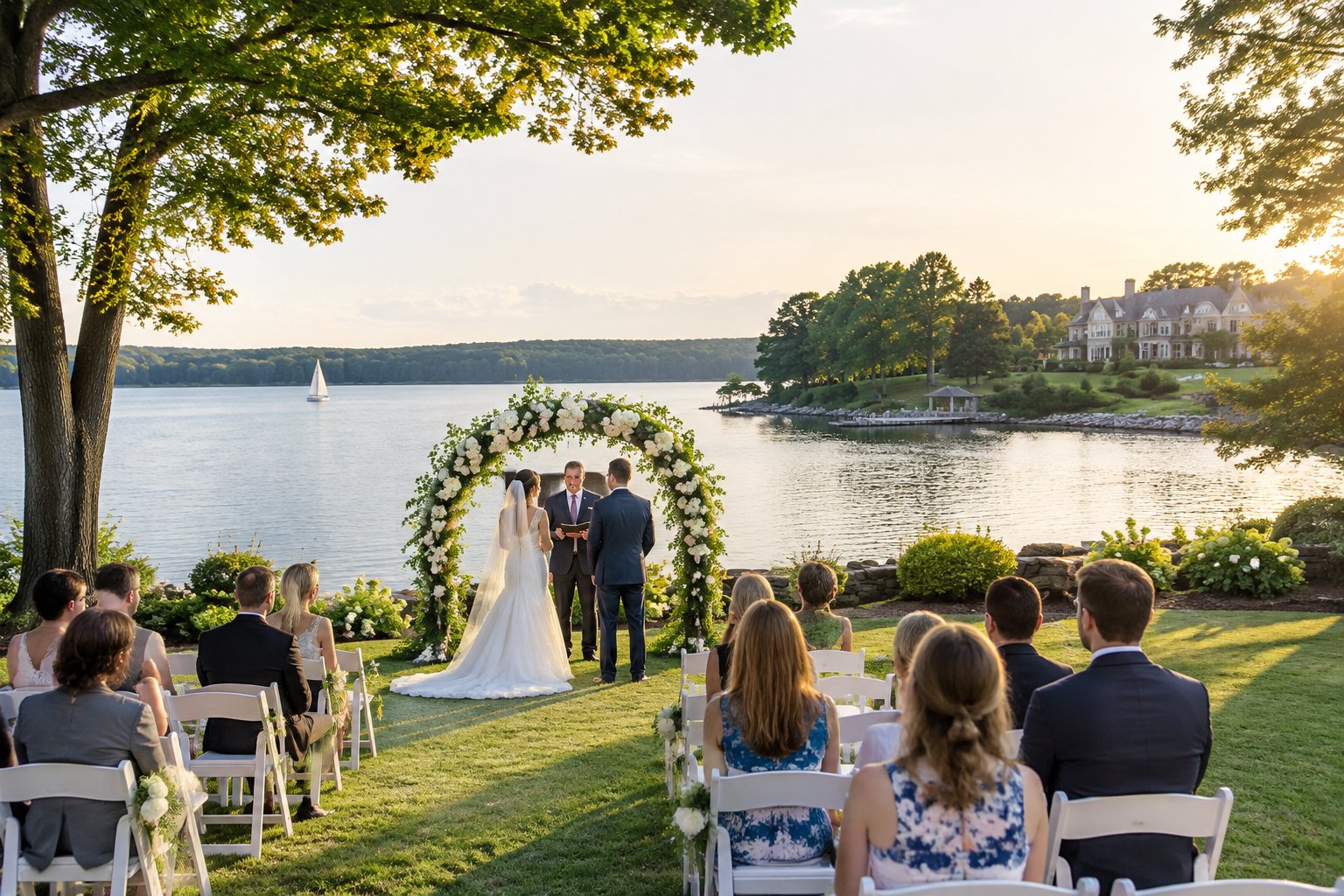 An outdoor wedding ceremony set beside a calm lake.