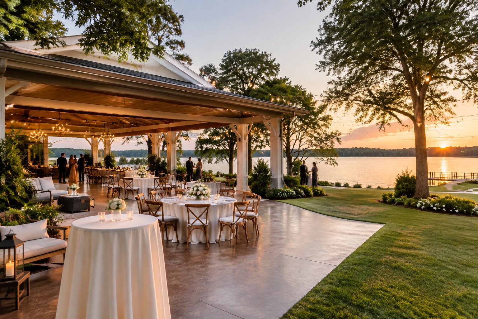 A decorated wedding reception pavilion and tables beside a lake.