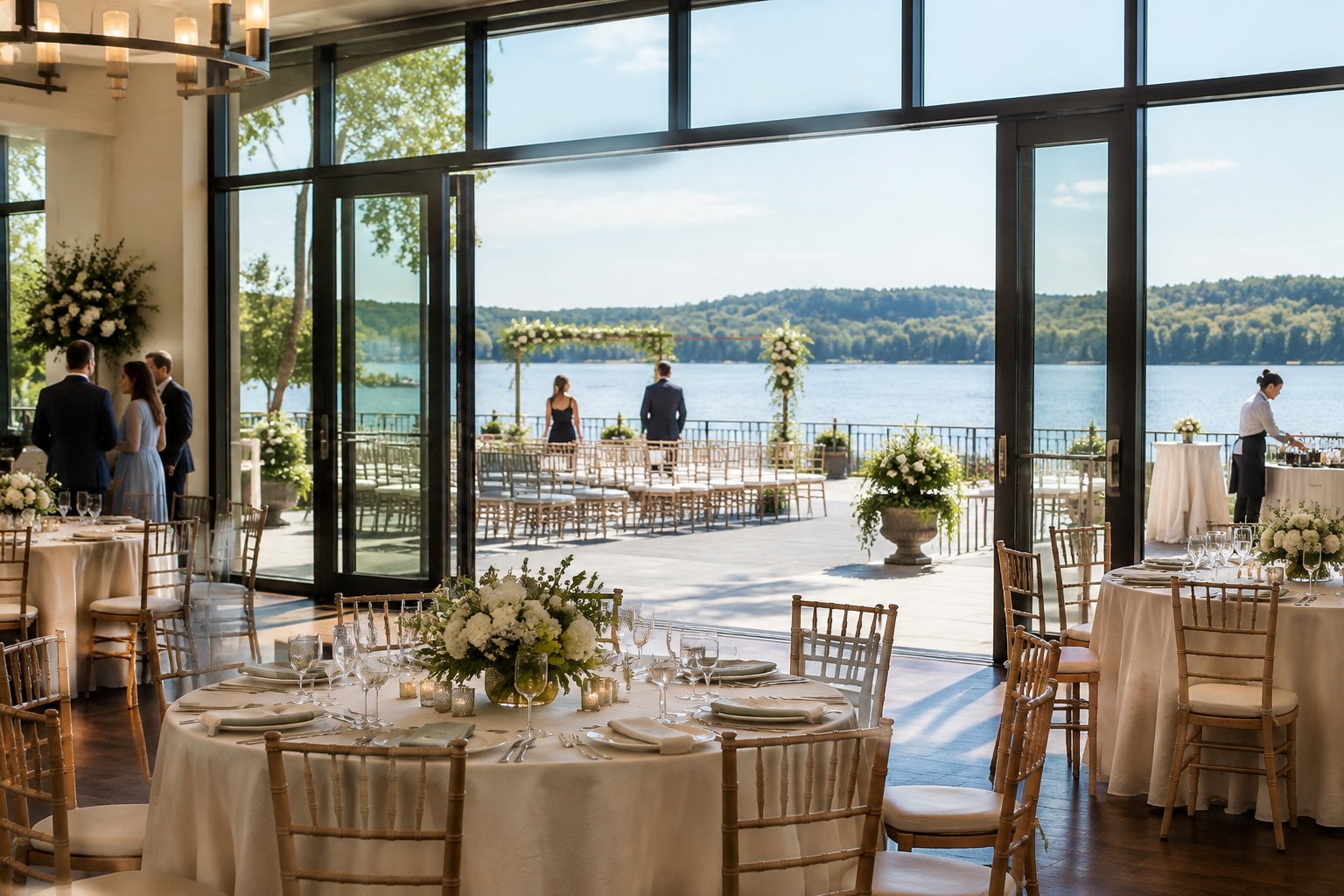 A wedding reception room opens onto a lakeside terrace set for an outdoor ceremony.