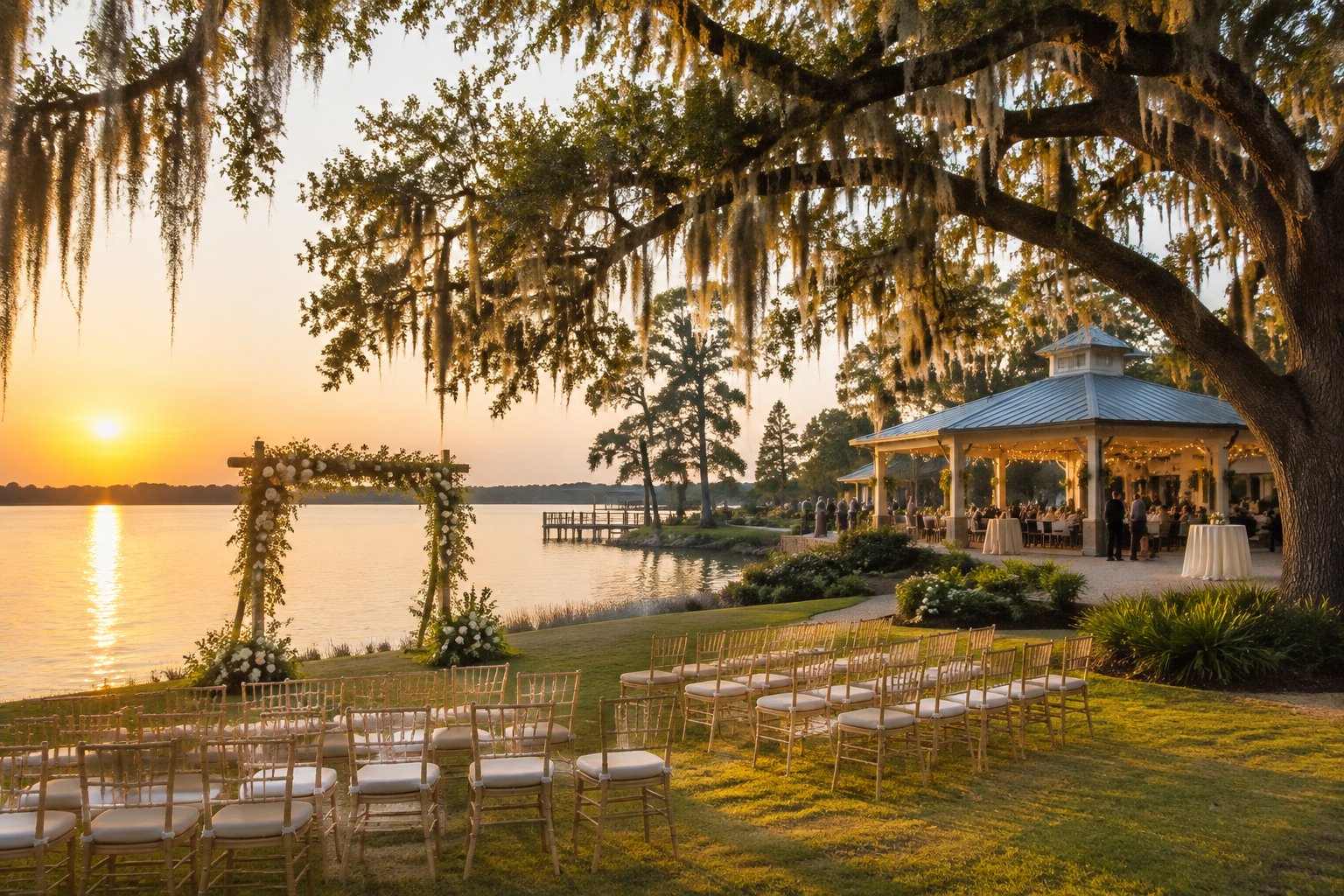 A wedding ceremony setup beside a lake beneath moss-draped oak trees.