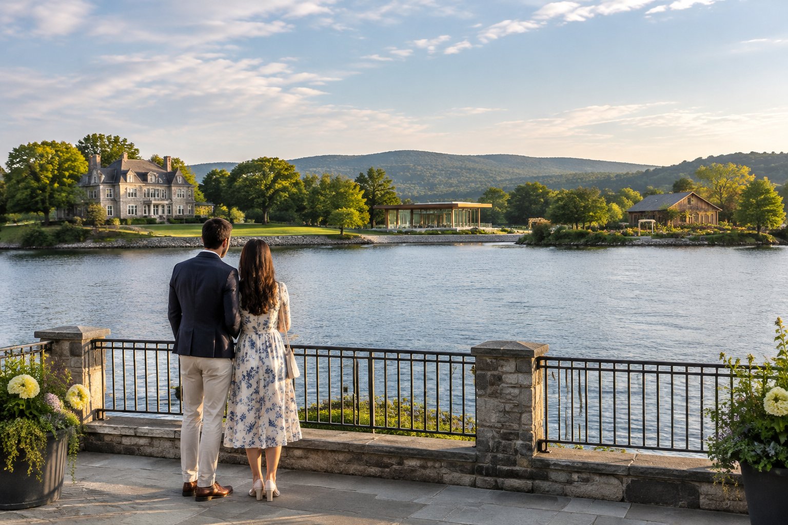 A couple looks across a lake toward several wedding venues along the shore.