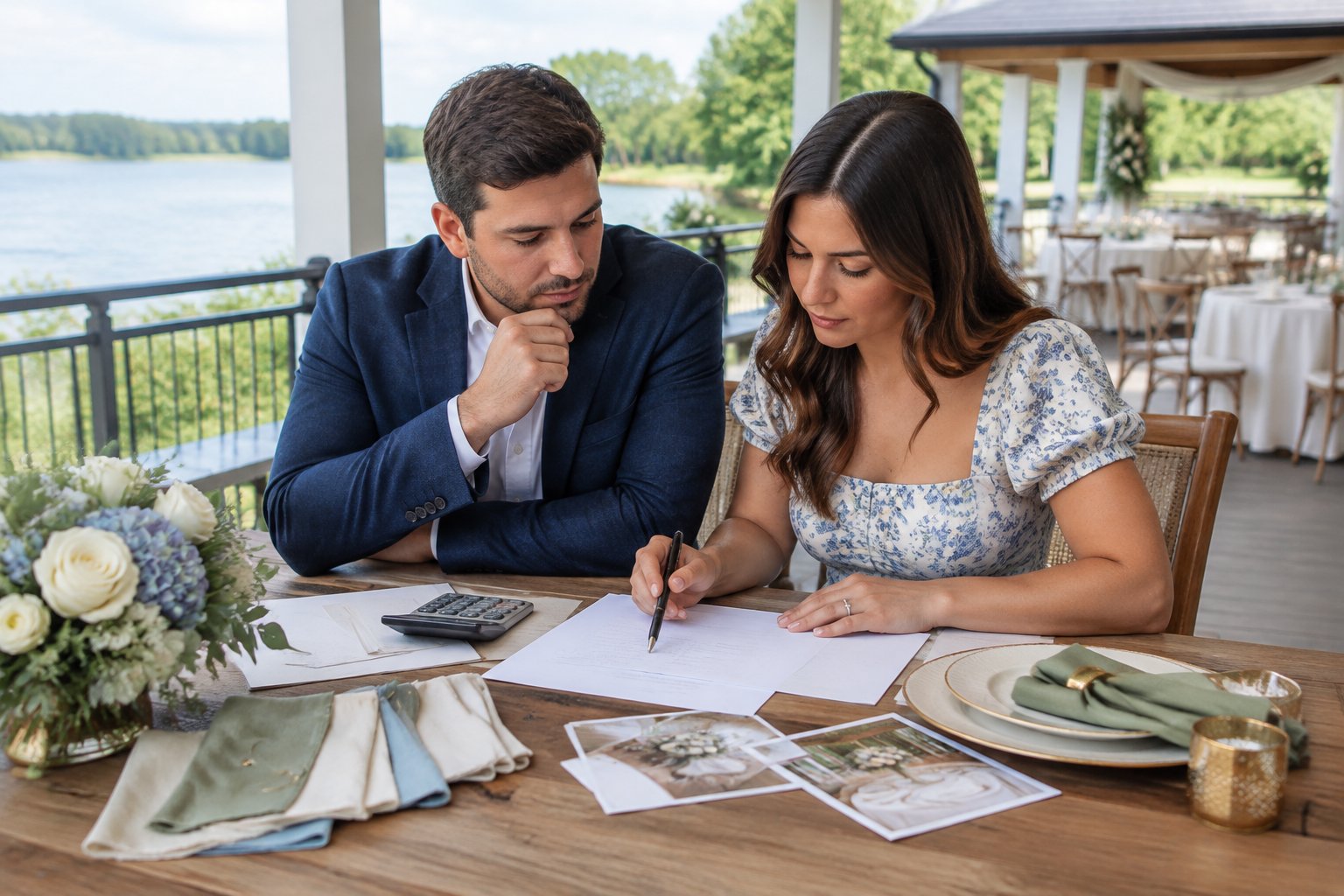 A couple reviews wedding-planning materials at a table overlooking a lake.