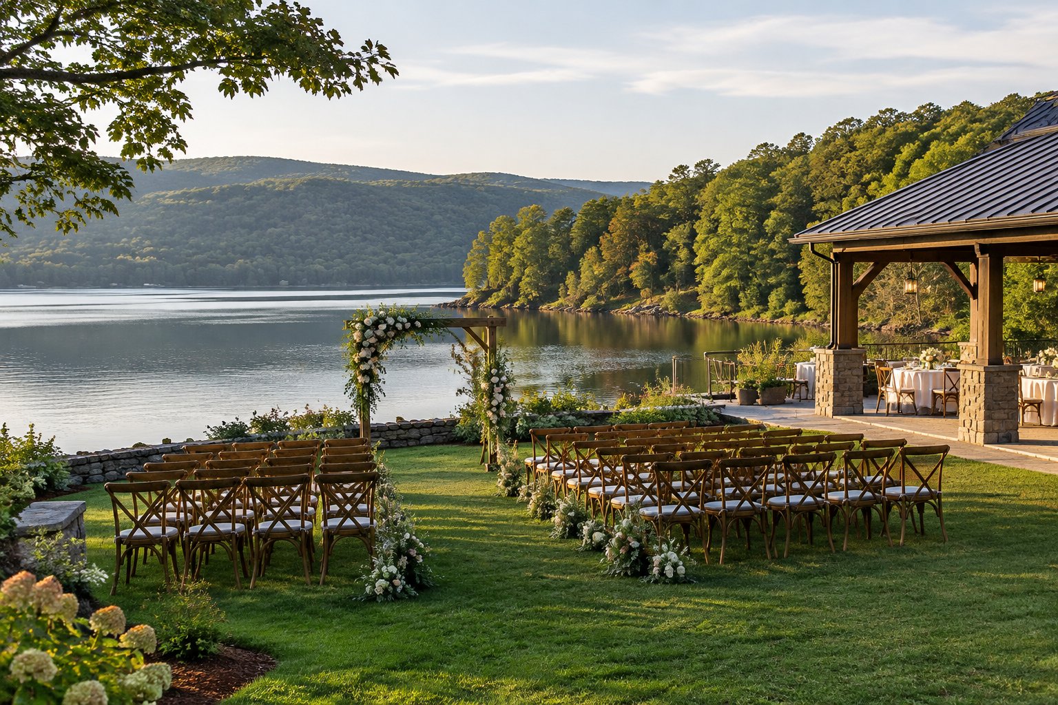 An outdoor wedding ceremony setup beside a lake with wooded hills in the background.