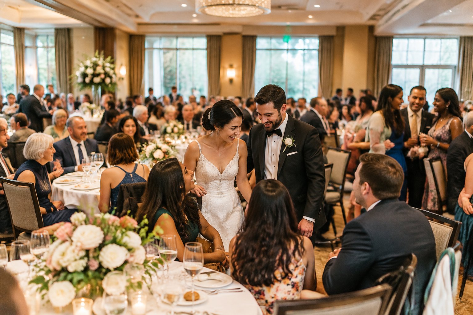 A newlywed couple celebrates with guests at a wedding reception.