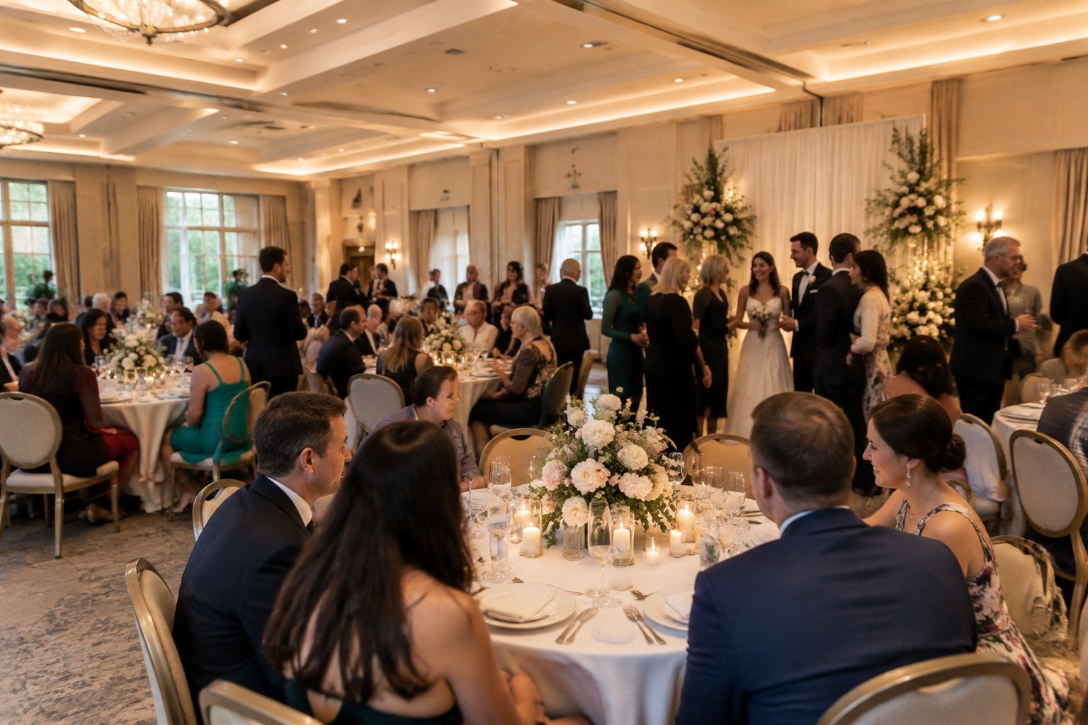 Guests gather around decorated tables at a wedding reception.