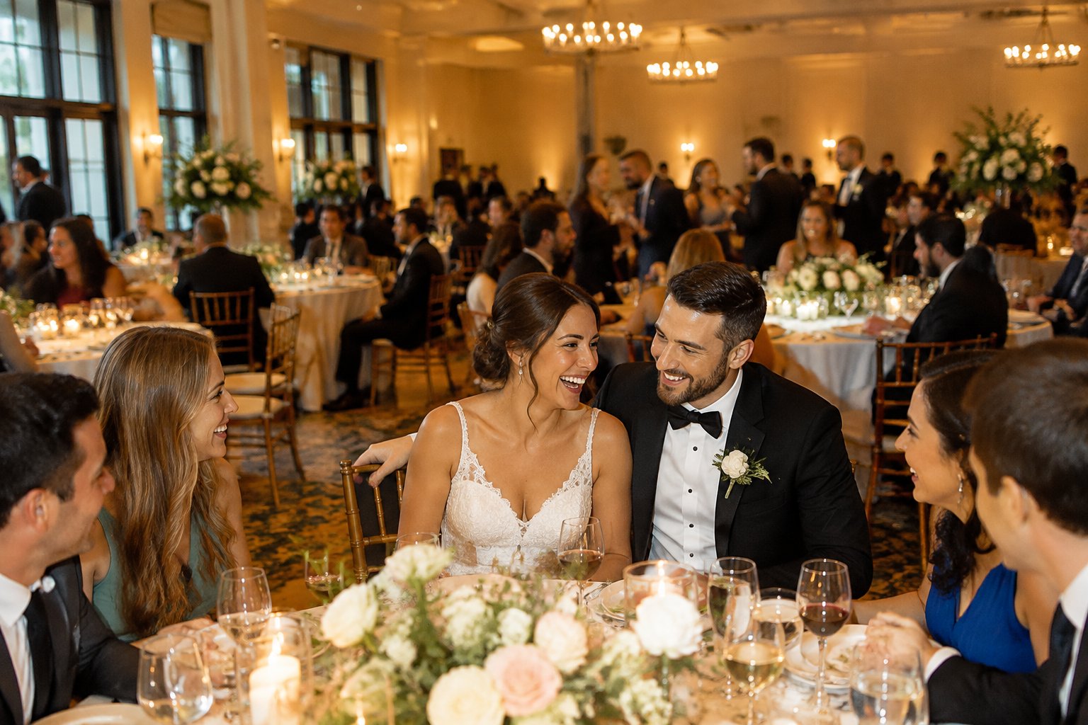 A newlywed couple celebrates with loved ones at a warmly lit wedding reception.