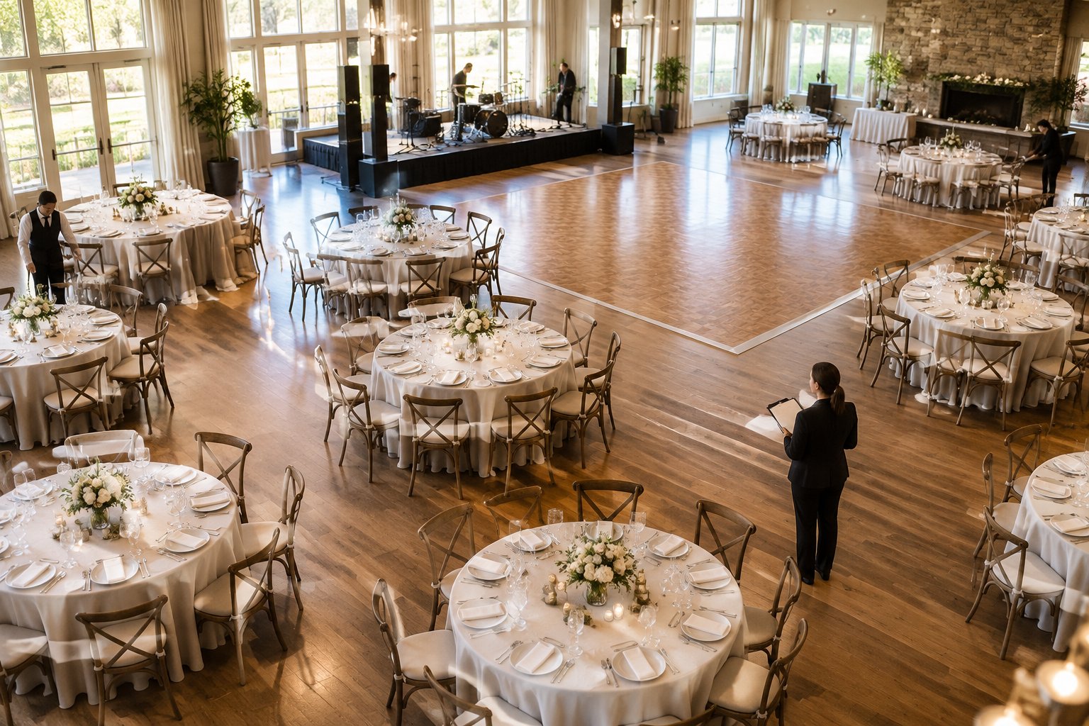 A wedding planner and venue staff prepare a reception room with dining tables and a dance floor.