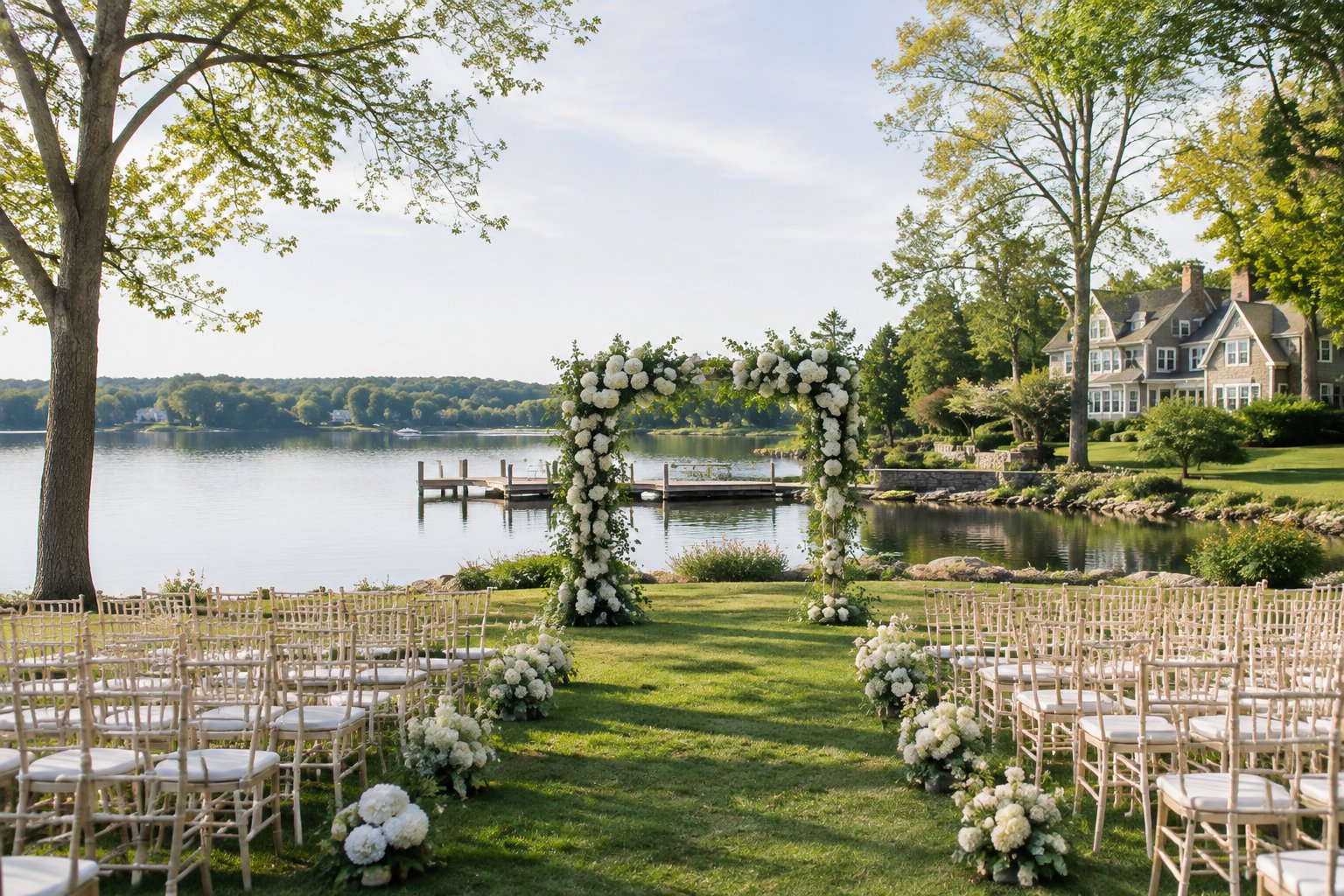 A wedding ceremony setup on a lawn beside a lake, with a floral arch and a historic venue in the background.