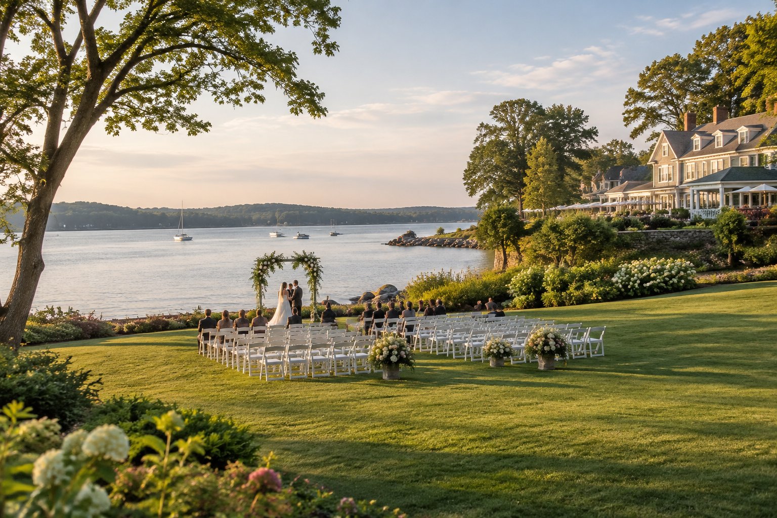 An outdoor wedding ceremony set beside a lake with a historic estate in the background.