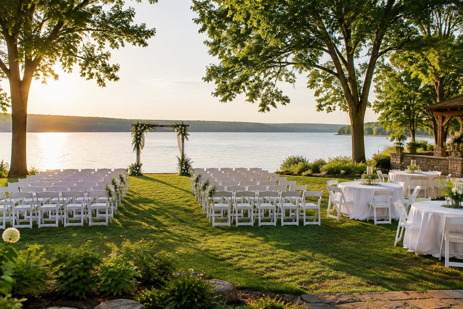 A wedding ceremony setup beside a calm lake.