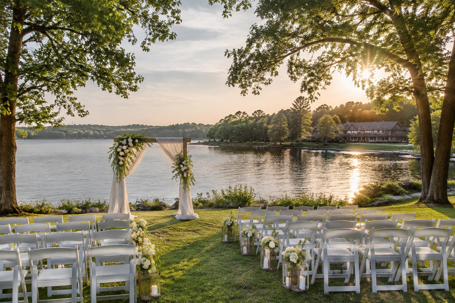 A lakeside wedding ceremony setup beside a resort and calm water.