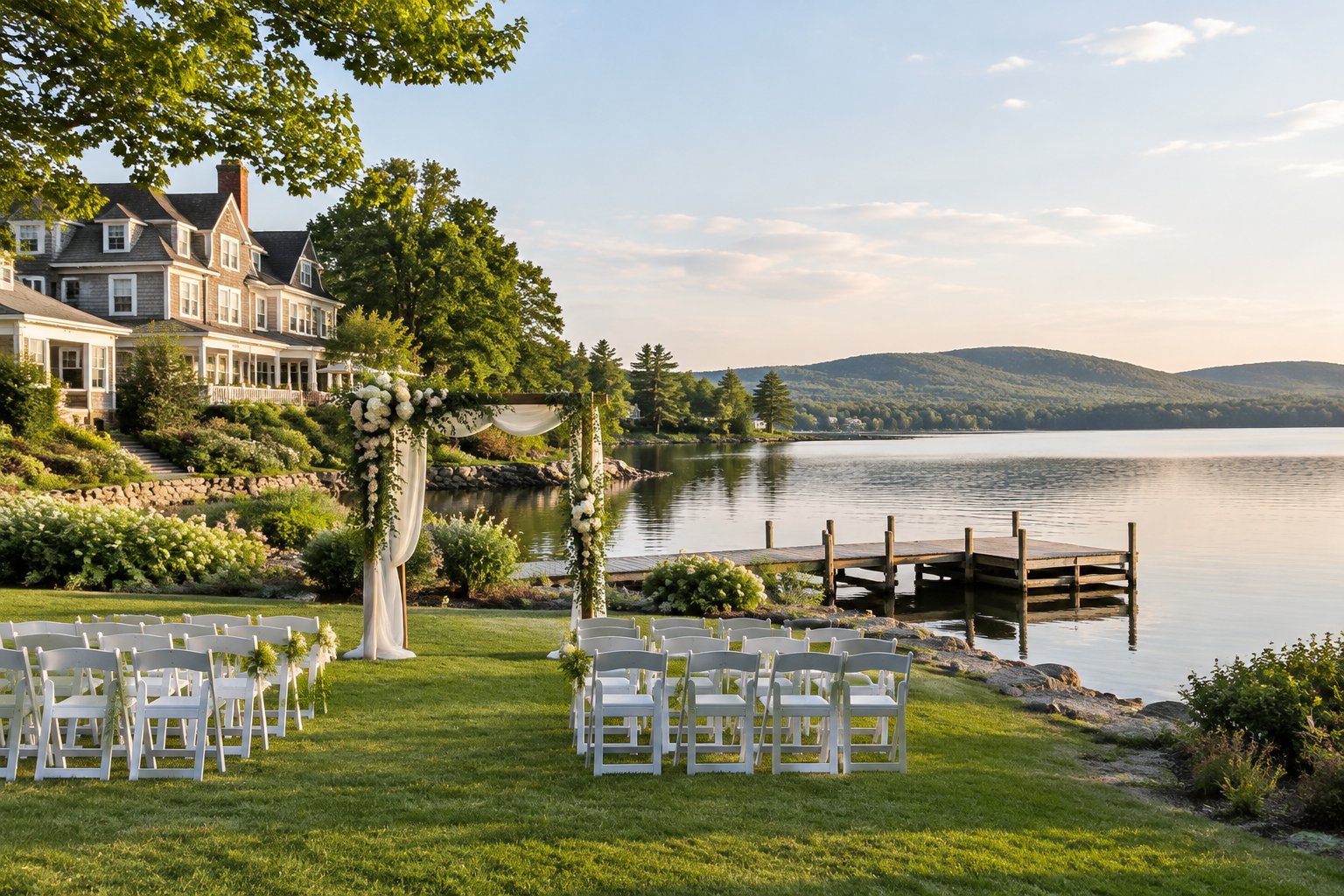A wedding ceremony setup on a lawn beside a lake, with a dock and historic inn nearby.
