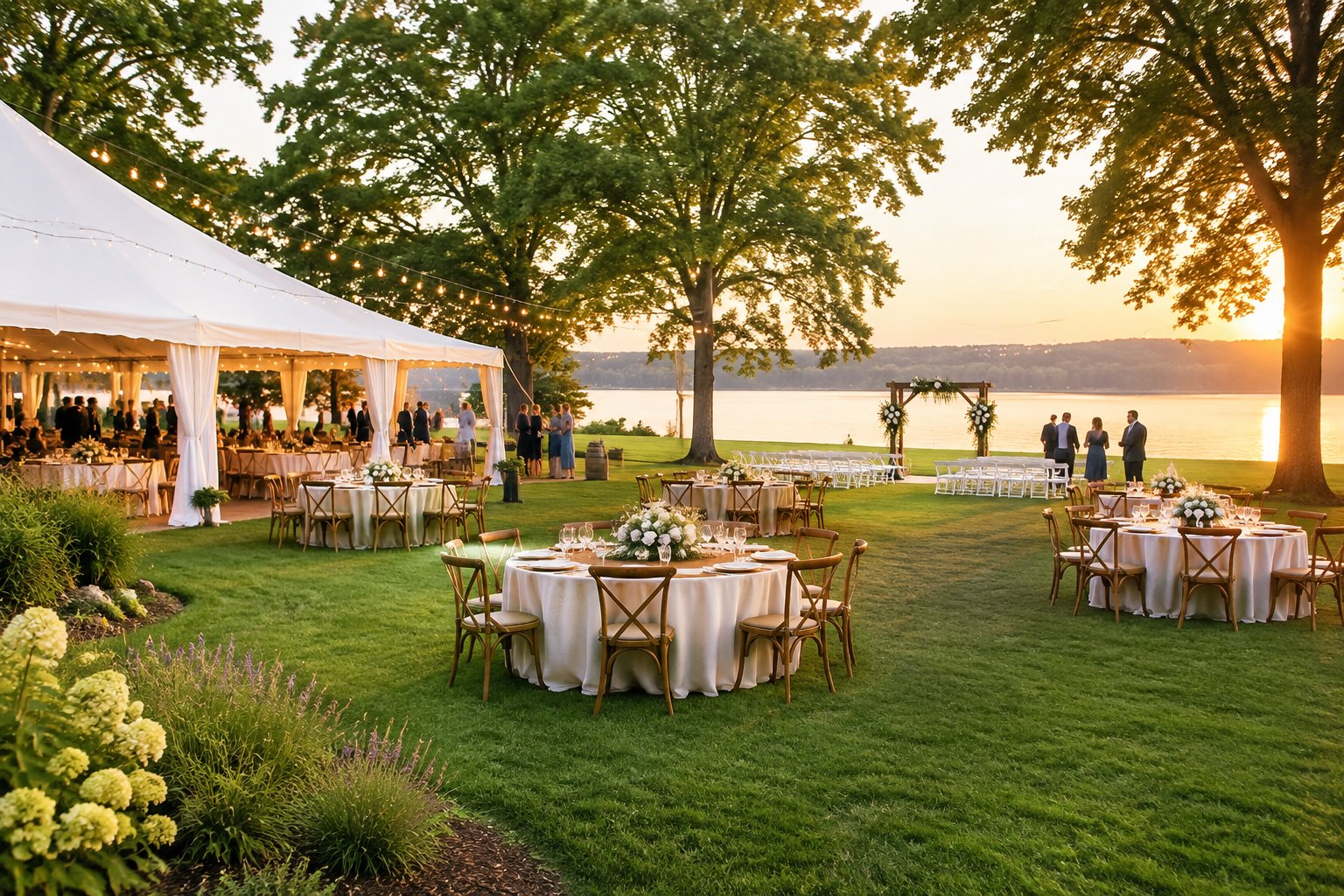 A wedding reception set on a lawn beside a lake.