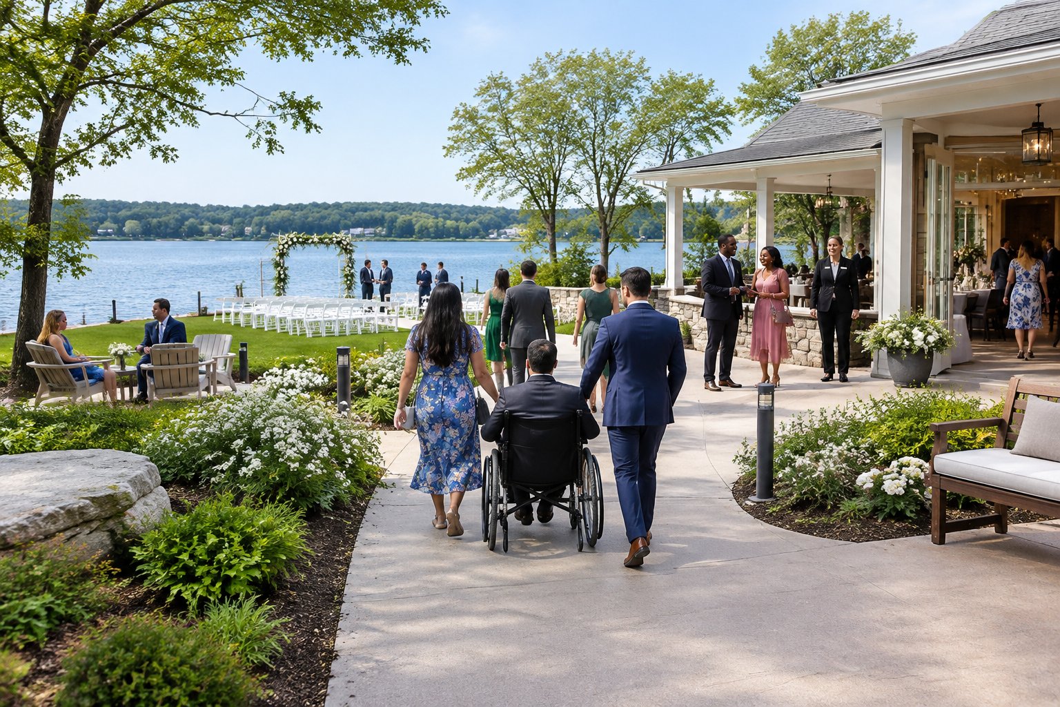 Wedding guests arrive along an accessible path at a lakeside ceremony venue.