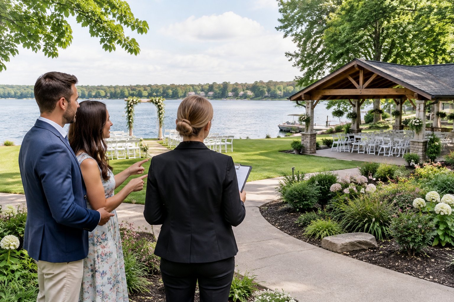 A couple and wedding planner compare a lakeside lawn and pavilion.