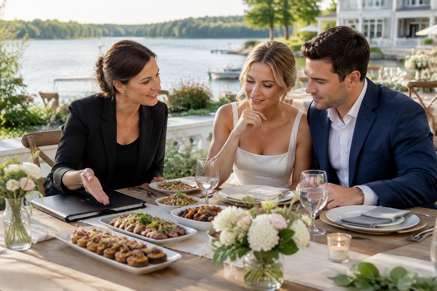 A couple and wedding planner discuss catering options at a table beside a lake.