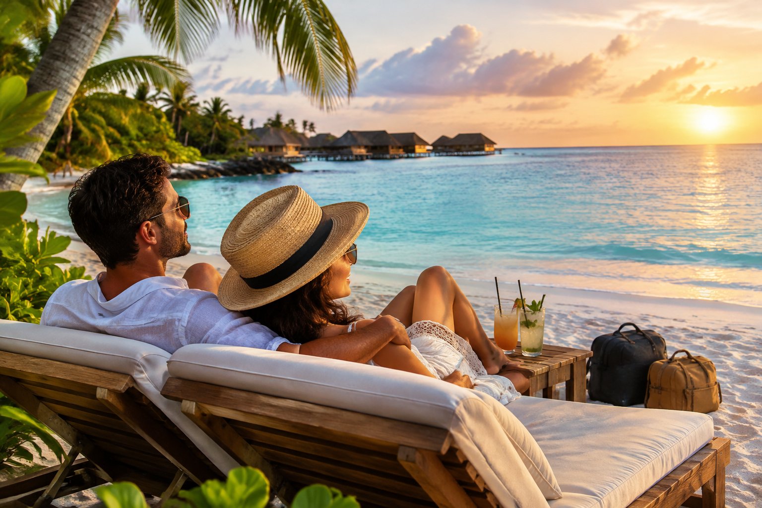 A newlywed couple relaxes together on a tropical beach.