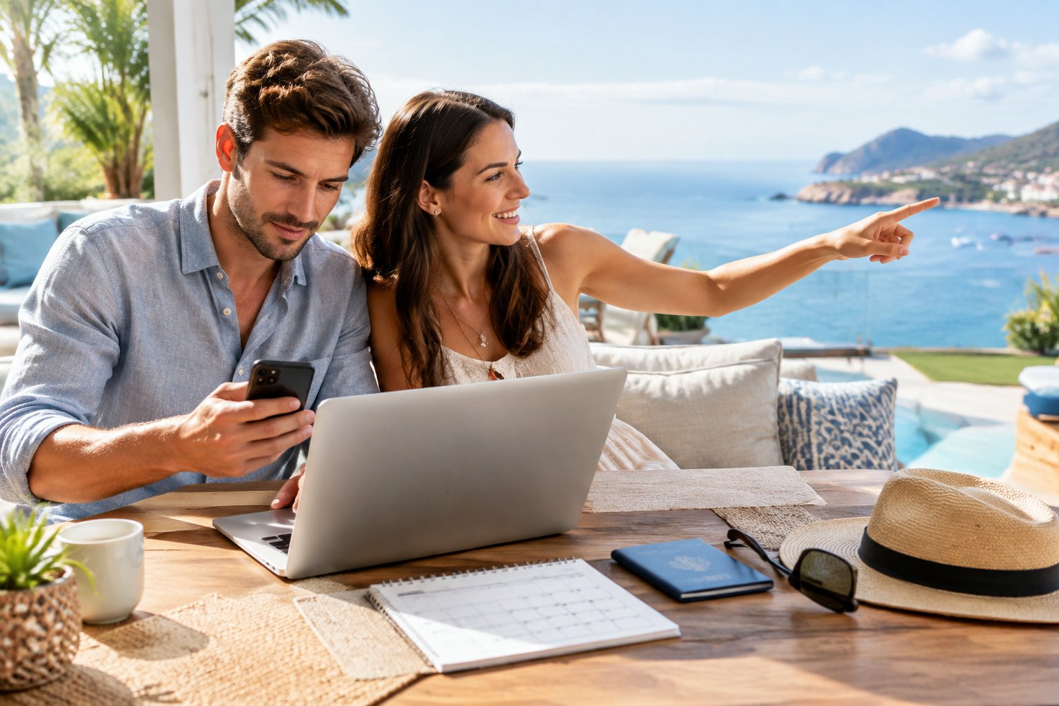 A newlywed couple plans a coastal honeymoon at a resort table with a laptop and travel items.