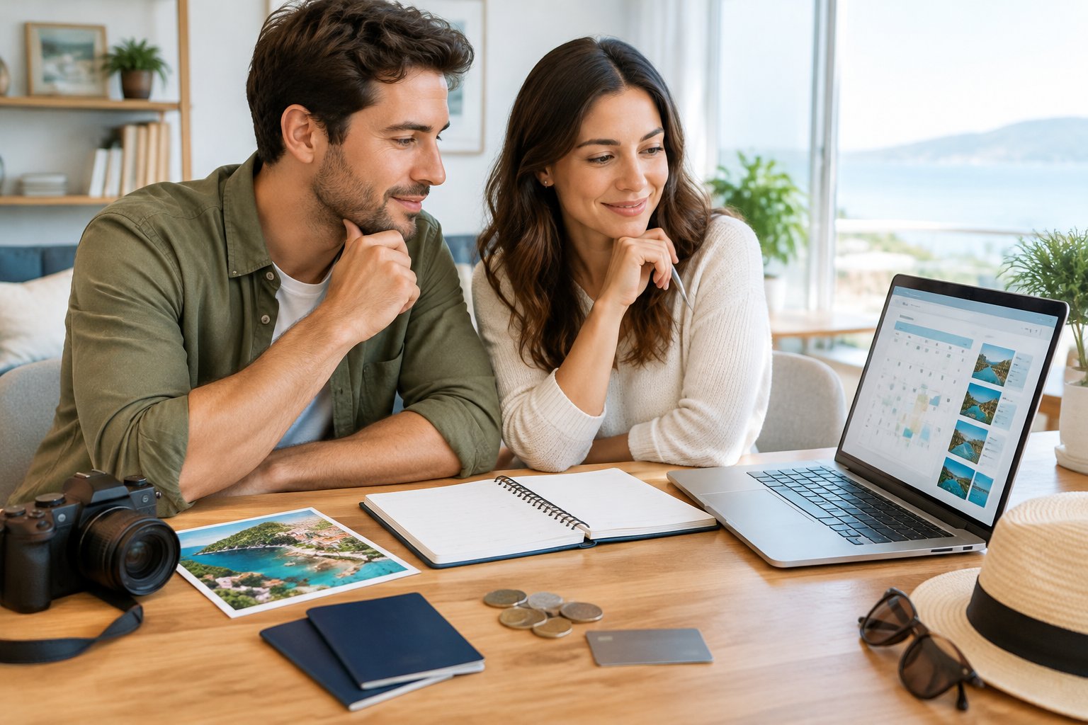 A couple reviews honeymoon travel plans and budget together at a table.