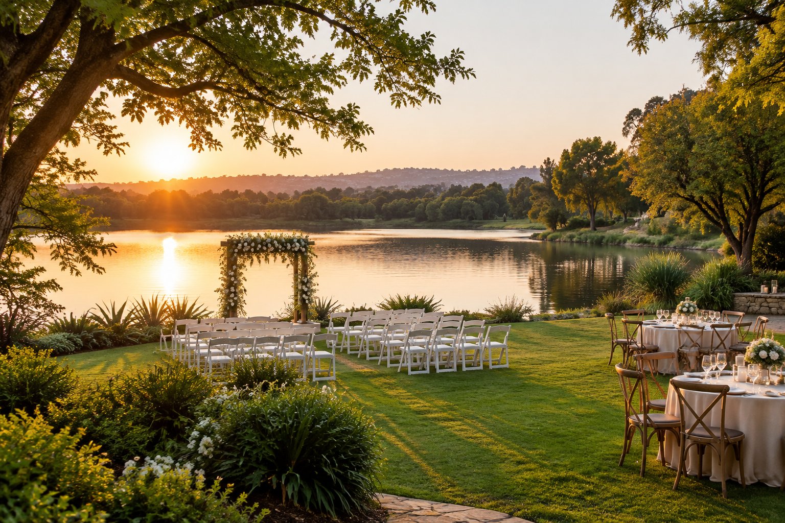 A wedding ceremony setup beside a lake, with white chairs, flowers, and a garden reception area.