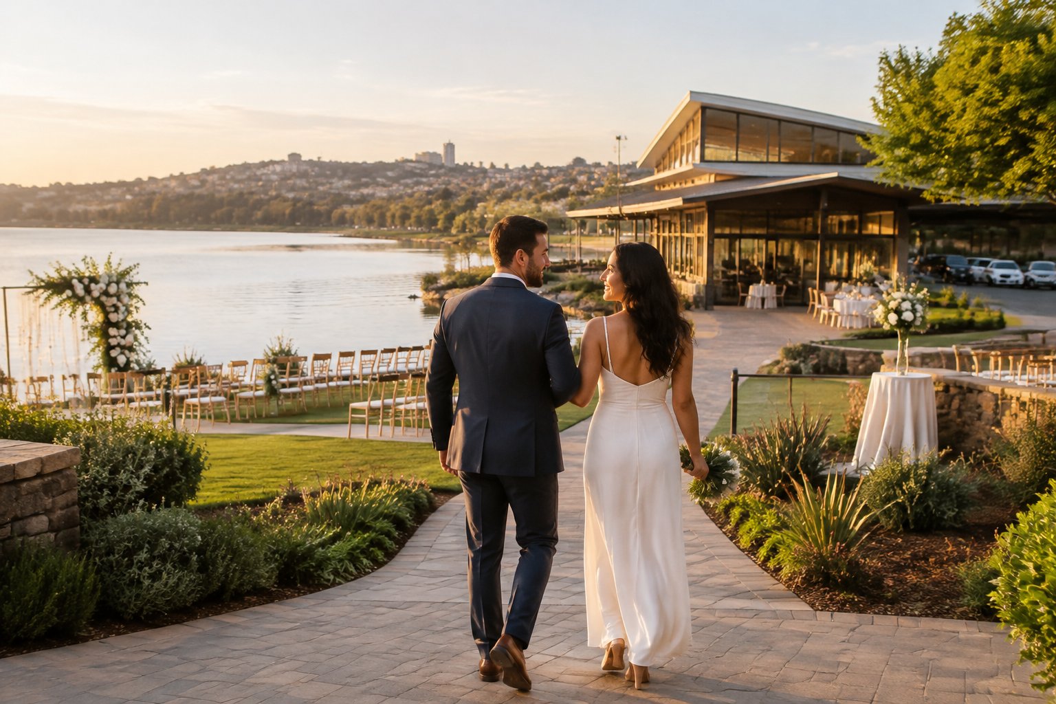 A couple walks toward a lakeside wedding ceremony area.