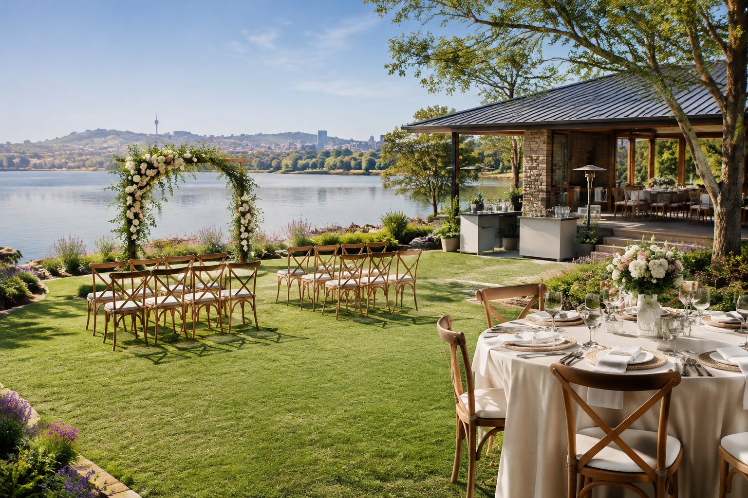 A wedding ceremony and reception setup beside a lake.