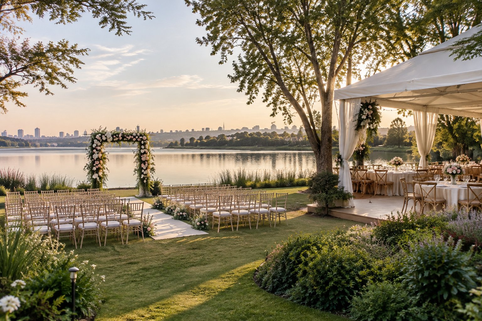 A lakeside wedding ceremony setup beside a garden reception area.