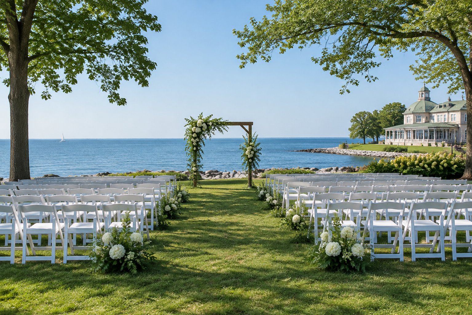 A wedding ceremony setup on a lawn beside a lake.