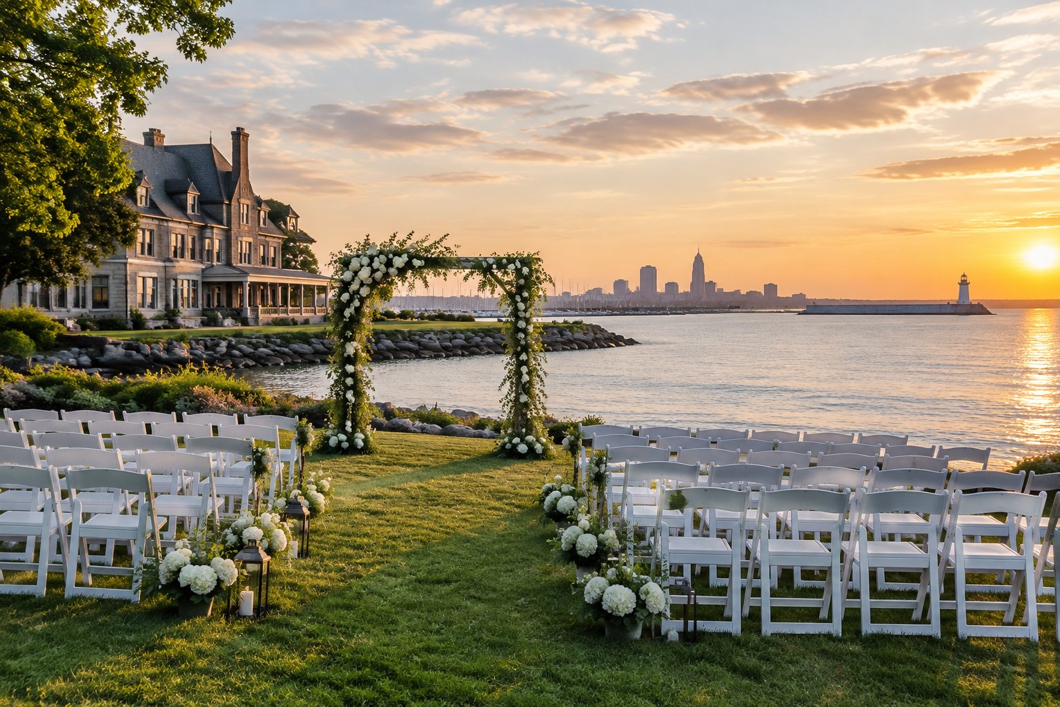 An outdoor wedding ceremony setup beside a calm lake, with a floral arch and a waterfront venue in the background.