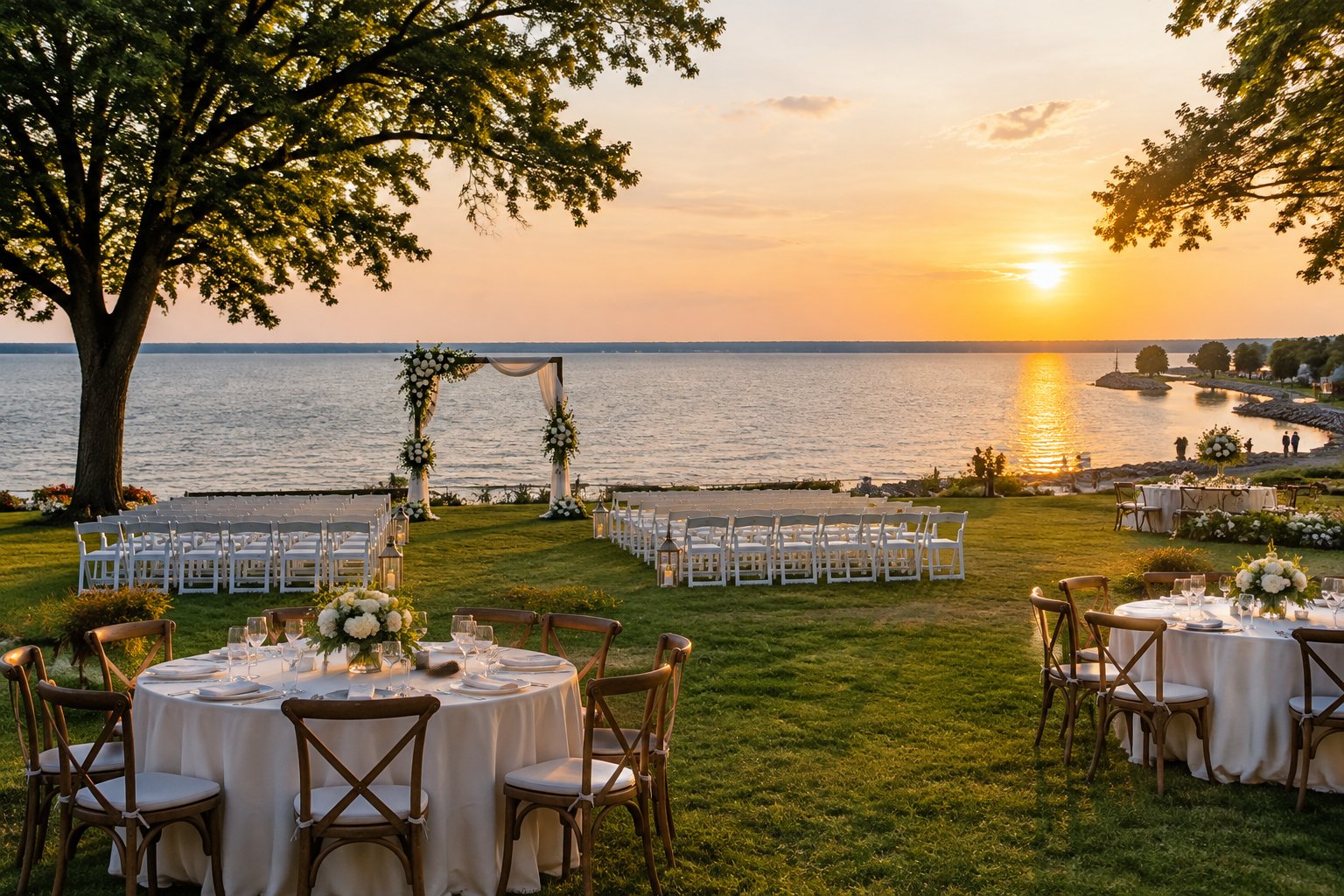 An outdoor wedding reception beside a calm lake.