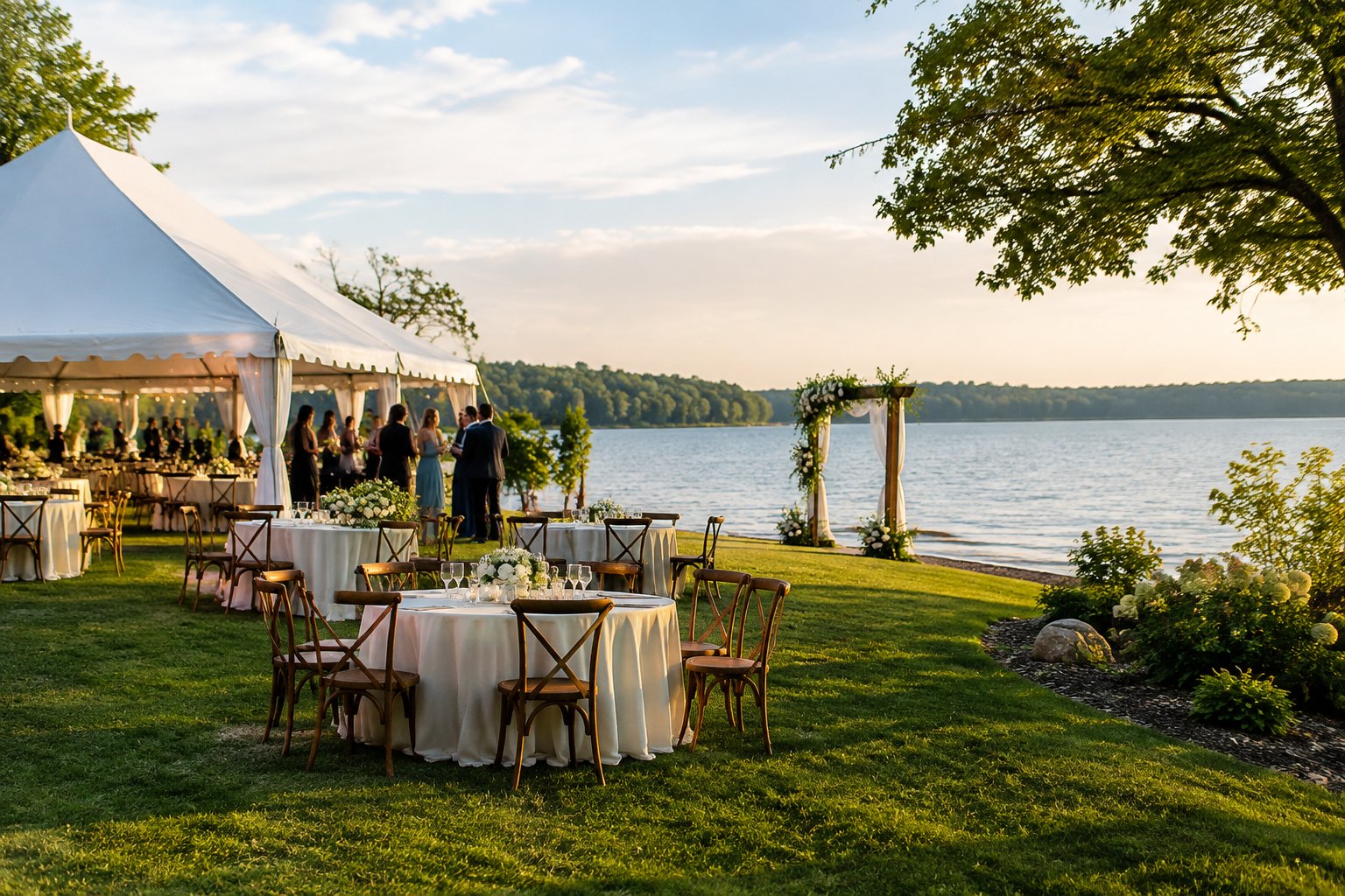 A wedding reception beside a lake with guests, tables, and a floral arch.