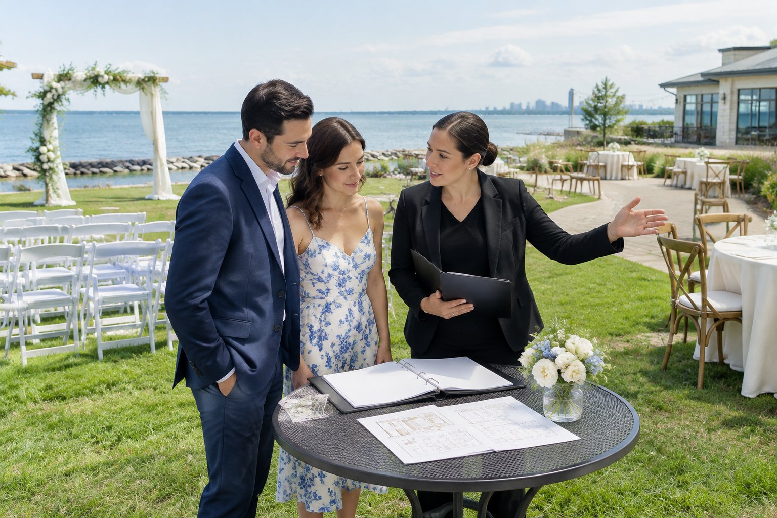 A couple reviews wedding venue plans with a coordinator beside a lakeside ceremony setup.