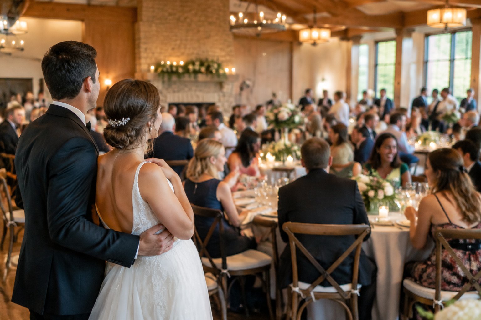 A couple surveys a lively wedding reception filled with guests.