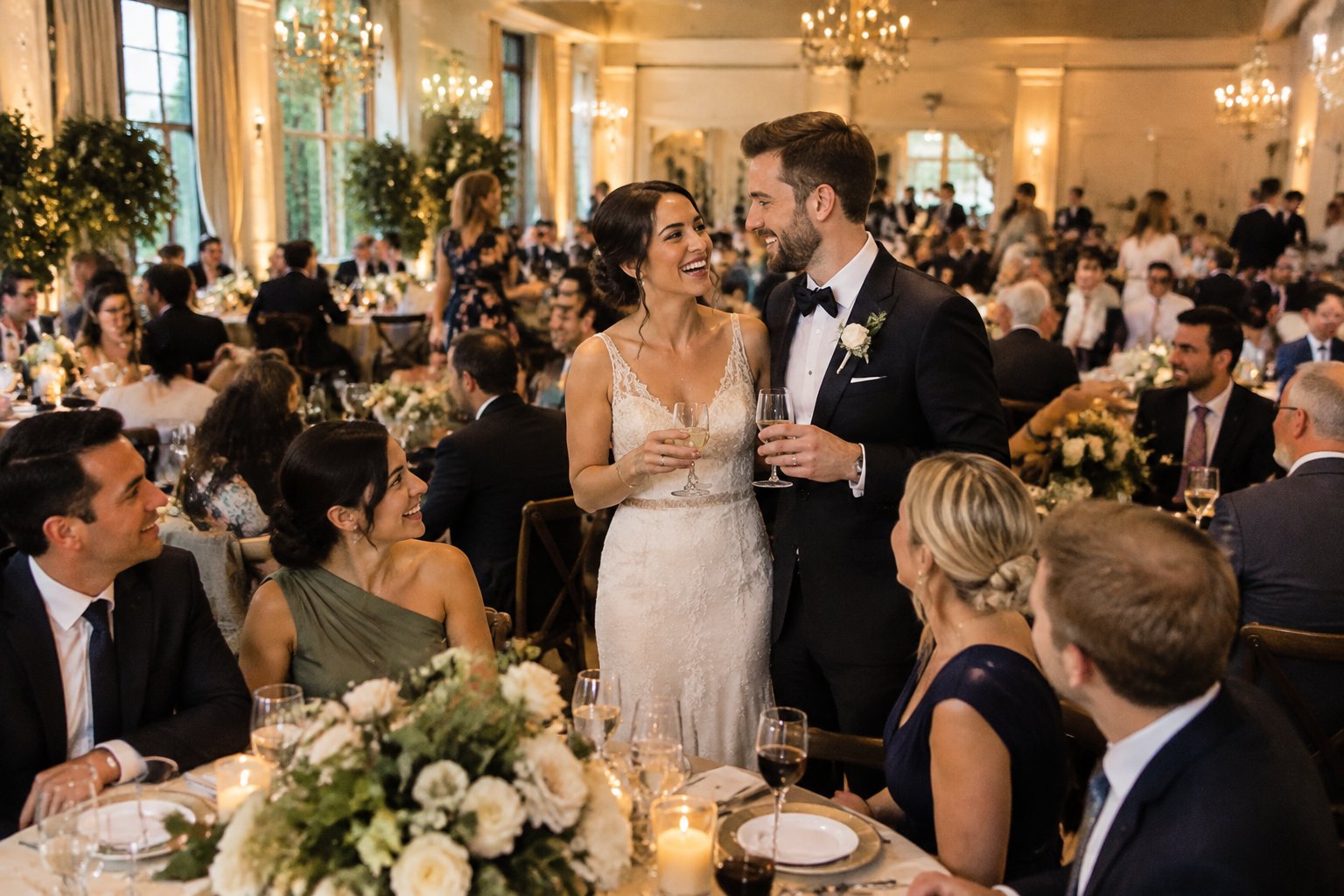 A couple celebrates at a wedding reception surrounded by many guests seated at tables.