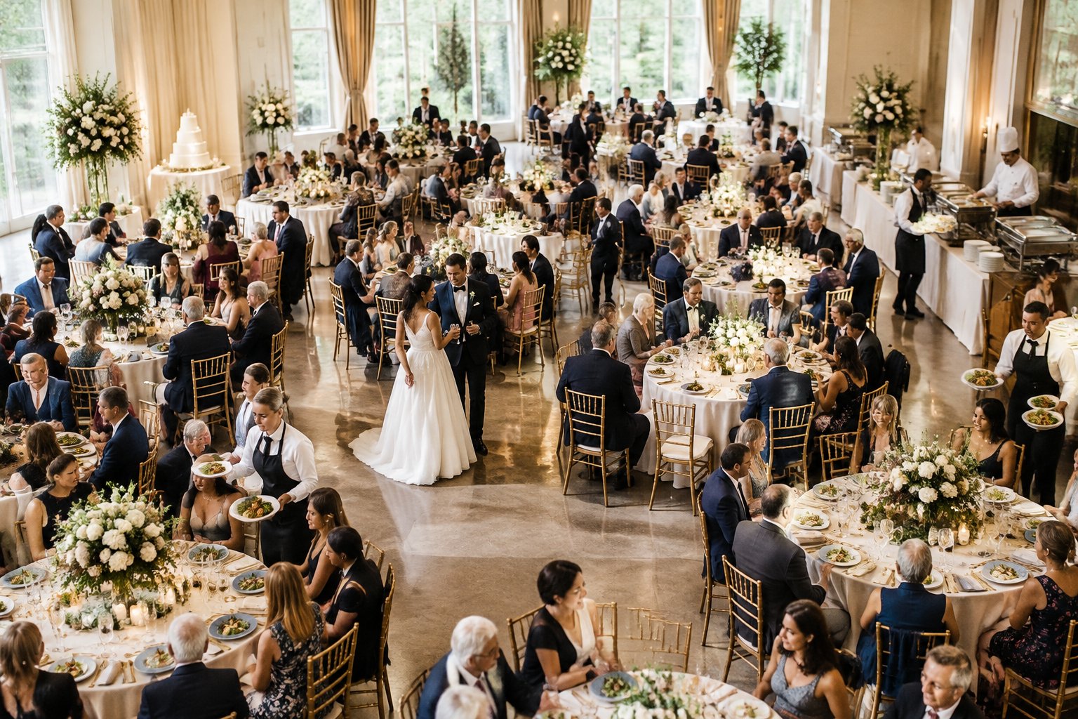 A couple celebrates at a wedding reception with many guests seated at decorated tables.