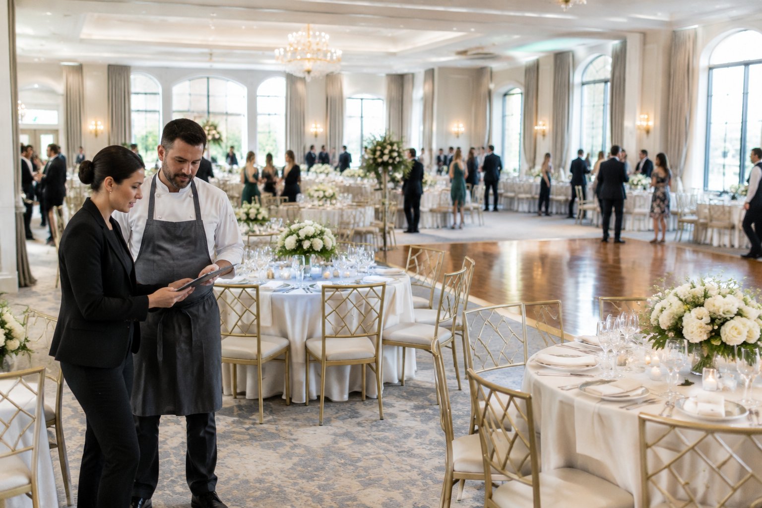 A coordinator and caterer review a wedding reception setup as guests gather in a large venue.