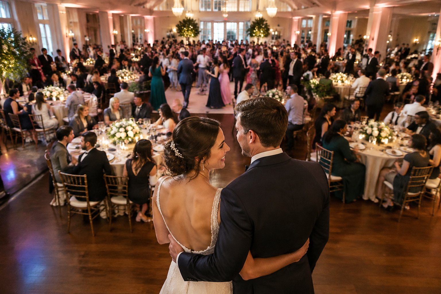 A newlywed couple celebrates with guests at a large wedding reception.