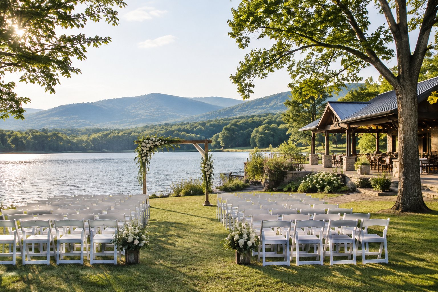 A lakeside wedding ceremony setup with white chairs, flowers, and a venue among trees.