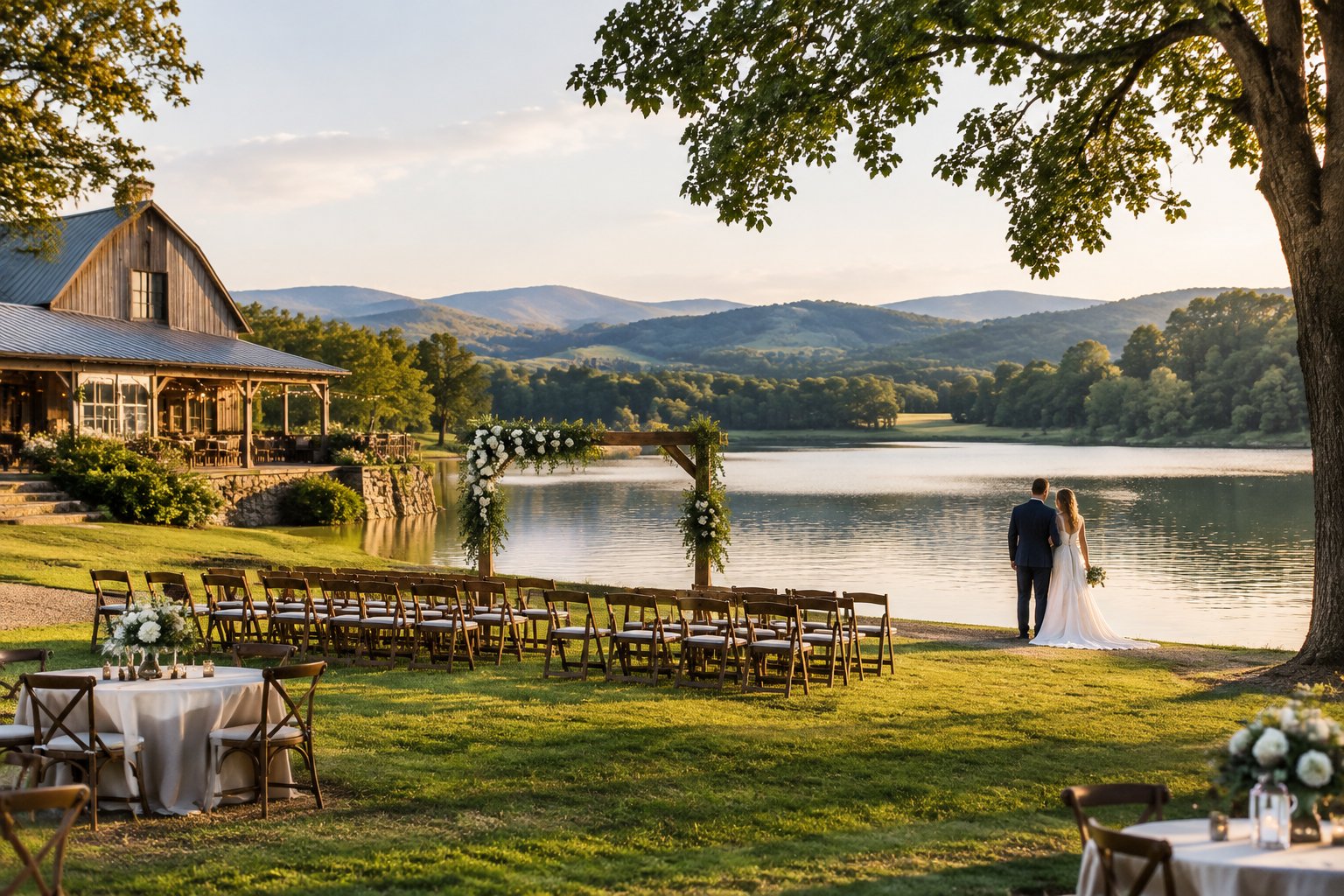 A couple stands beside a lakeside wedding ceremony setup at a farm.