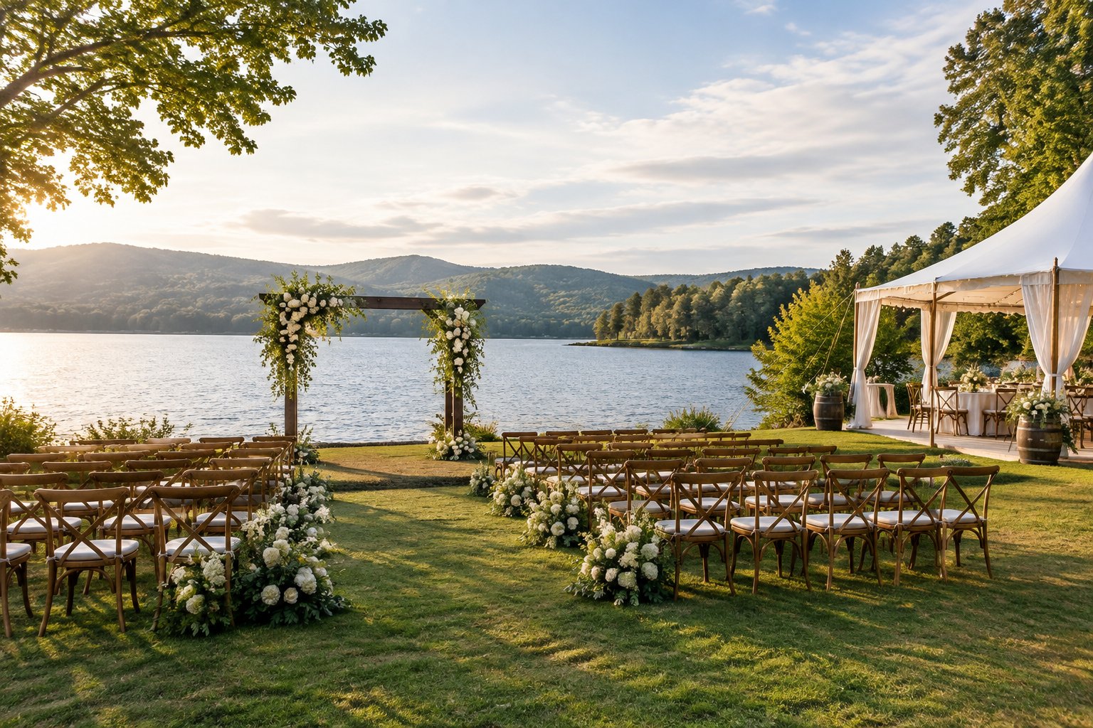 A wedding ceremony and reception setup beside a lake with green hills in the distance.
