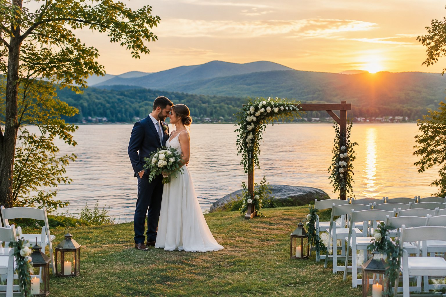 A couple in wedding attire stands beside a lake near a simple outdoor ceremony setup.