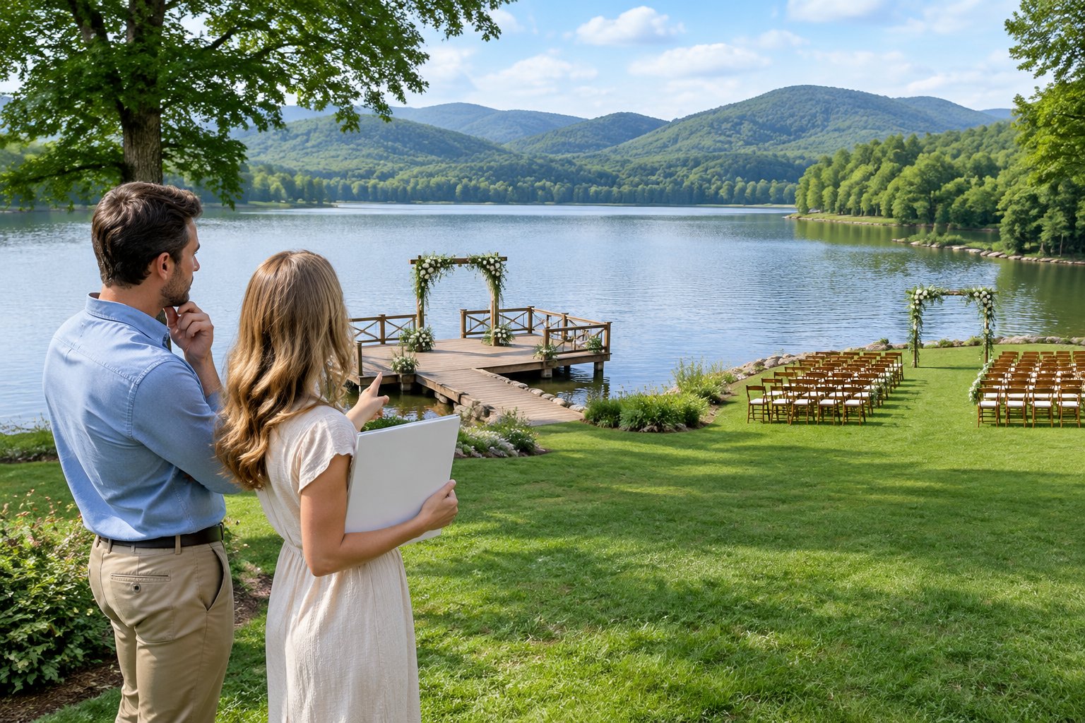 A couple compares two lakeside wedding ceremony settings.
