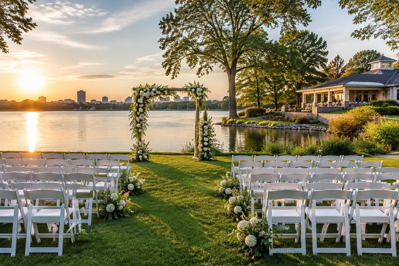 A wedding ceremony setup on a manicured lawn beside a lake.